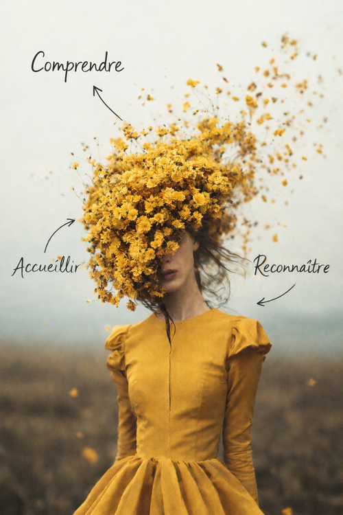 Femme en robe jaune avec des fleurs jaunes sur la tête