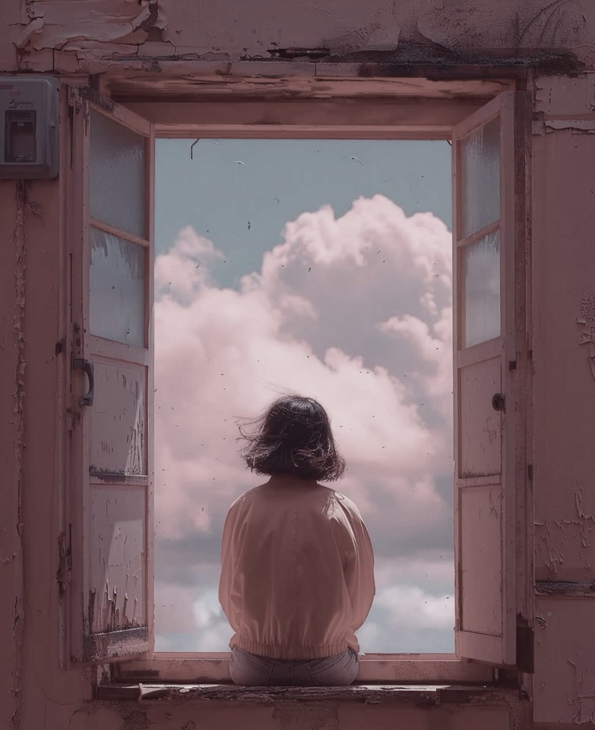 femme à une fenêtre qui regarde le ciel rosé