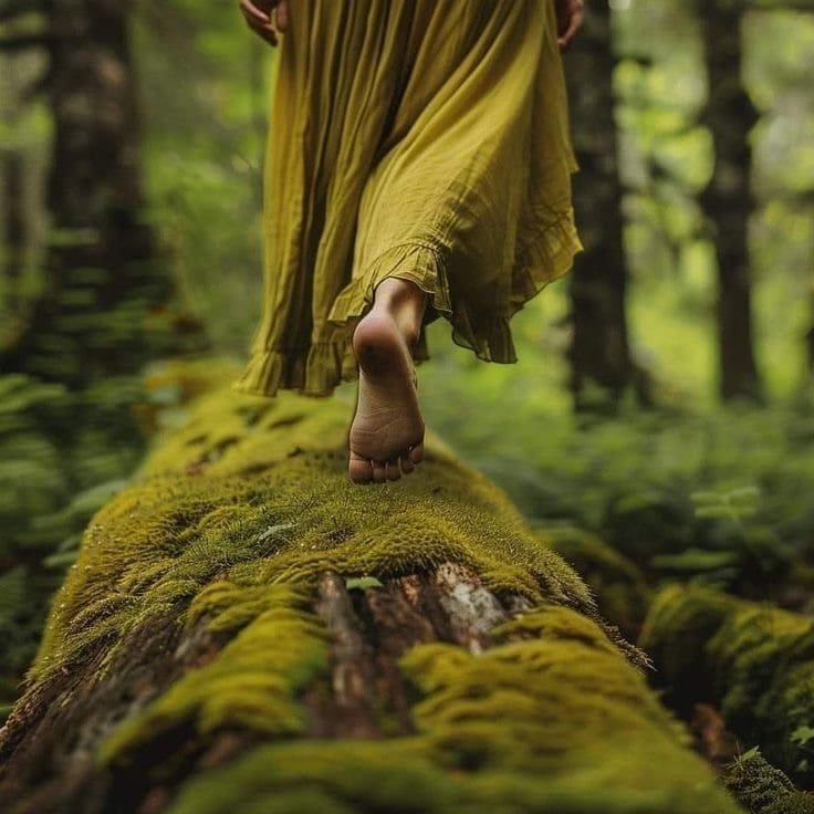 Pieds sur ton d'arbre en foret verte