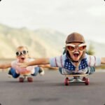 Enfants sur skate avec casque et lunettes